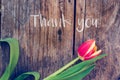 Thank you: Arrangement of colorful tulips on a rustic wooden table, Ã¢â¬ÅThank you Royalty Free Stock Photo